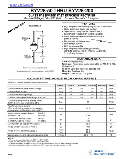 GENERAL SEMICONDUCTOR BYV28-50 THRU BYV28-200 GLASS PASSIVATED FAST EFFICIENT RECTIFIER Reverse Voltage - 50 to 200 Volts Forward Current - 3.5 Amperes handbook - cover page
