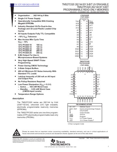 TEXAS INSTRUMENTS TMS27C020 262144 BY 8-BIT UV ERASABLE TMS27PC020 262144 BY 8-BIT PROGRAMMABLE READ-ONLY MEMORIES handbook(2) - cover page