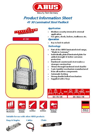 ABUS 41 50 Padlock Product Information Sheet - cover page