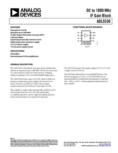 Analog Devices ADL5530 Gain Block Datasheet - cover page