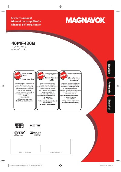 Magnavox 40MF430B LCD TV Owner's Manual - cover page