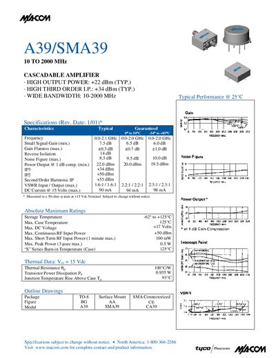 MACOM A39/SMA39 Cascadable Amplifier Datasheet - cover page