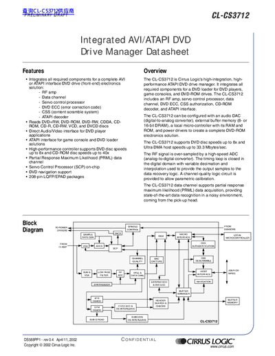 Cirrus Logic CL‑CS3712 Integrated DVD Drive Manager Datasheet - cover page