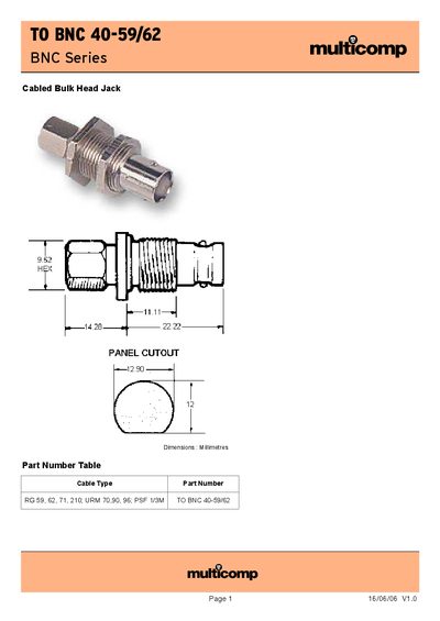 Multicomp TO BNC 40-59/62 Bulkhead Jack Datasheet - cover page