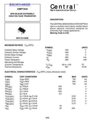 Central Semiconductor CMPTA44 Extremely High Voltage Transistor Datasheet - cover page
