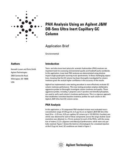 Agilent J&W DB-5ms Ultra Inert Capillary GC Column Application Brief for PAH Analysis - cover page