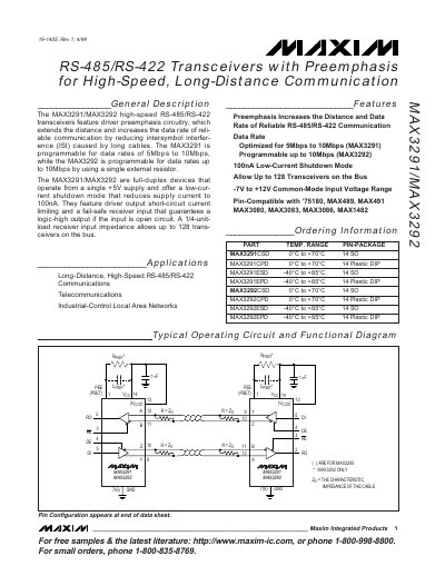 Maxim MAX3291/MAX3292 RS-485/RS-422 Transceiver Datasheet