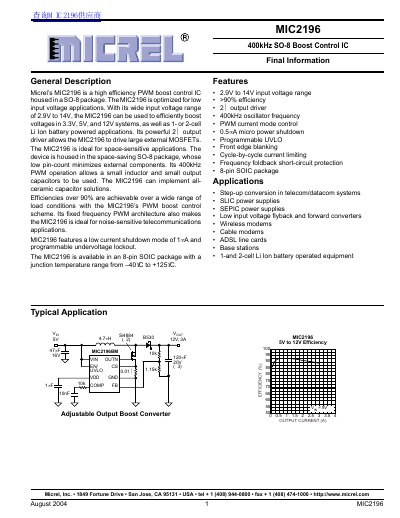 Micrel MIC2196 400kHz SO-8 Boost Control IC Datasheet - cover page