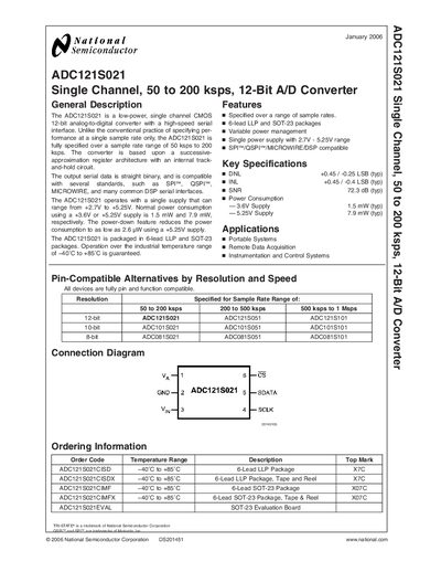 NATIONAL SEMICONDUCTOR ADC121S021 Single Channel 50 to 200 ksps 12-Bit A/D Converter Manual - cover page