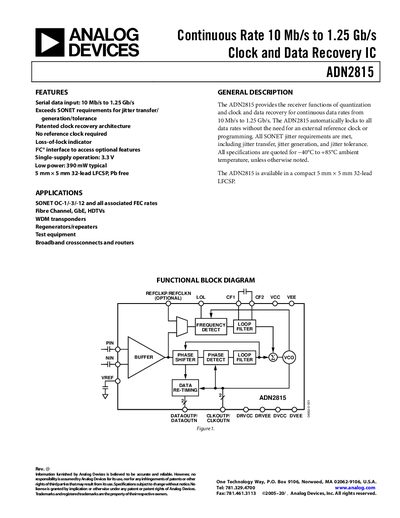 Analog Devices ADN2815 Clock and Data Recovery IC Datasheet - cover page