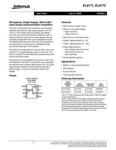 Intersil EL8171/EL8172 Instrumentation Amplifier Datasheet - cover page