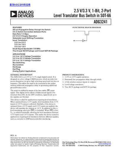 Analog Devices ADG3241 Level Translator Bus Switch Datasheet - cover page