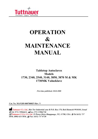 Tuttnauer Tabletop Autoclaves Operation & Maintenance Manual