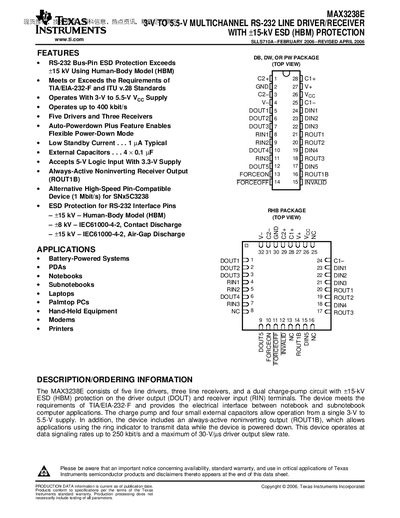Texas Instruments MAX3238E Multichannel RS-232 Line Driver/Receiver Datasheet - cover page