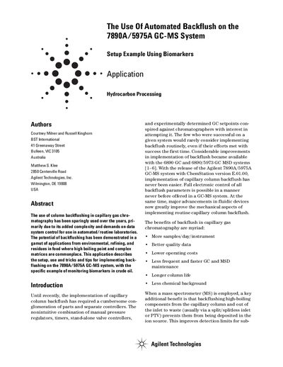 Agilent 7890A/5975A GC-MS Automated Backflush Application Note - cover page