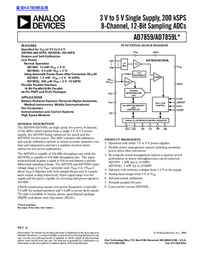 ANALOG DEVICES AD7859/AD7859L* 3 V to 5 V Single Supply 200 kSPS 8-Channel 12-Bit Sampling ADCs handbook - cover page