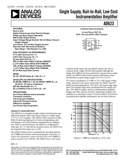 Analog Devices AD623 Instrumentation Amplifier Datasheet - cover page
