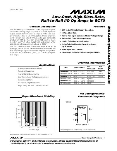 Maxim MAX4490/MAX4491/MAX4492 Op Amp Datasheet - cover page