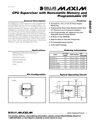 Maxim DS4510 CPU Supervisor with Nonvolatile Memory and Programmable I/O Datasheet - cover page