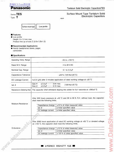 Panasonic TES Series Surface Mount Tantalum Capacitor Specifications - cover page