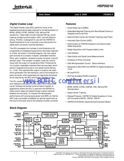 Intersil HSP50210 Digital Costas Loop Datasheet - cover page