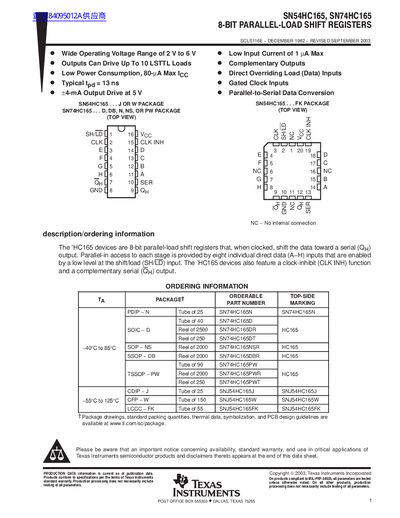 Texas Instruments SN54HC165/SN74HC165 8-Bit Parallel-Load Shift Registers Datasheet - cover page