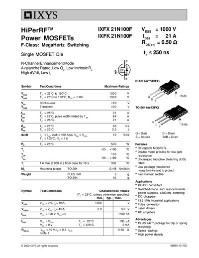 IXYS IXFX 21N100F / IXFK 21N100F Power MOSFET Datasheet - cover page
