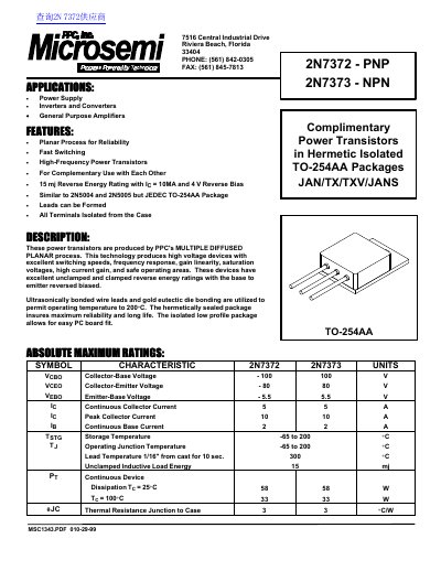 Microsemi 2N7372/2N7373 Power Transistor Datasheet - cover page