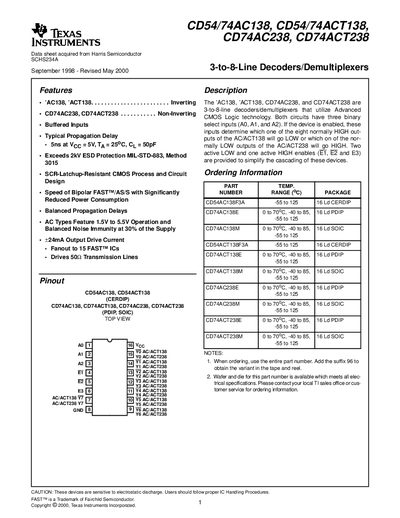 Texas Instruments CD54/74AC138, CD54/74ACT138, CD74AC238, CD74ACT238 Datasheet - cover page