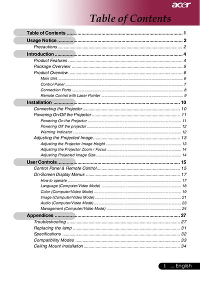 Acer SVGA Single Chip DLP Projector User Manual - cover page
