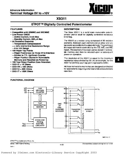 Xicor X9311 Digital Potentiometer Datasheet - cover page