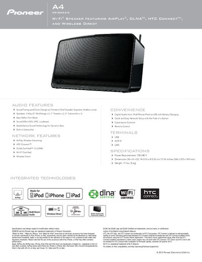 Pioneer A4 XW-SMA4-K Speaker System Product Leaflet - cover page