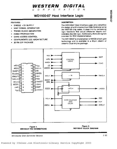 Western Digital WD1100-07 Host Interface Logic Datasheet - cover page