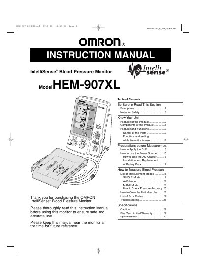 Omron HEM-907XL IntelliSense Blood Pressure Monitor User Manual - cover page