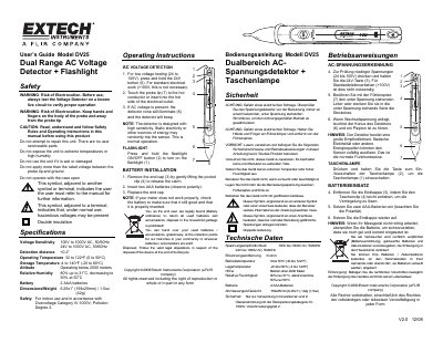 Extech DV25 Dual Range AC Voltage Detector User Guide