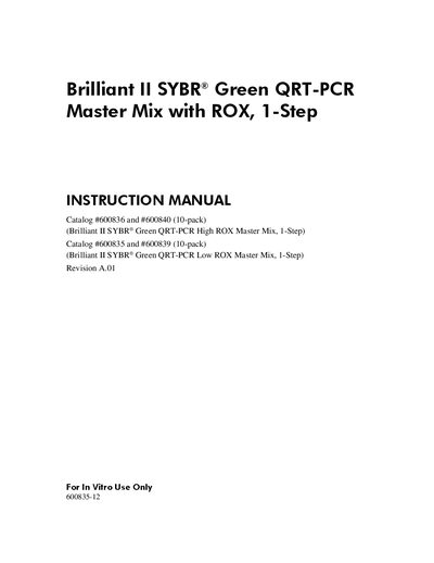 Agilent Technologies Brilliant II SYBR Green QRT-PCR Master Mix with ROX 1-Step INSTRUCTION MANUAL - cover page