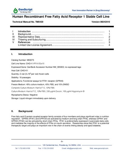 GenScript Free Fatty Acid Receptor 1 Stable Cell Line User Manual - cover page
