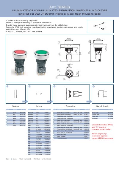 APEM A03 SERIES Pushbutton Switches & Indicators Product Leaflet - cover page