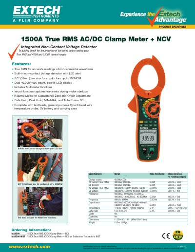 EXTECH MA1500 True RMS AC/DC Clamp Meter Datasheet - cover page