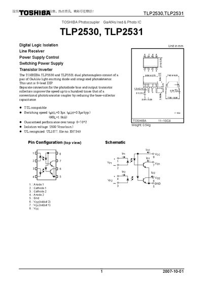 Toshiba TLP2530/TLP2531 Photocoupler Datasheet - cover page