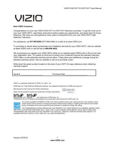 VIZIO SV421XVT & SV471XVT HDTV User Manual - cover page