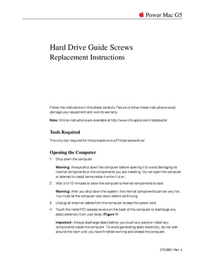 Apple Power Mac G5 Hard Drive Guide Screws Replacement Instructions - cover page