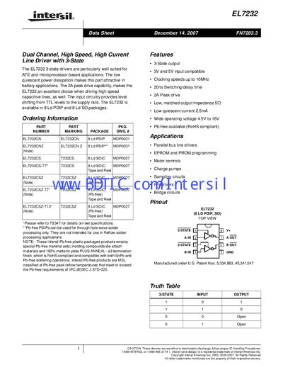 Intersil EL7232 Dual Channel High Speed Line Driver Datasheet - cover page