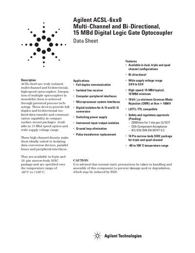 Agilent ACSL-6xx0 Optocoupler Data Sheet - cover page