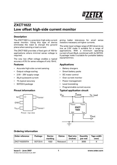 Zetex ZXCT1022 Low Offset High‑Side Current Monitor Handbook - cover page