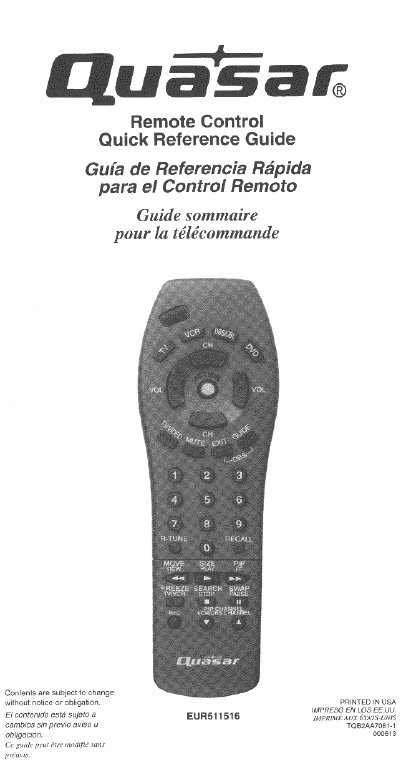Panasonic EUR511516 Remote Control Quick Reference Guide - cover page