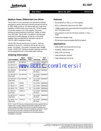 Intersil EL1507 Medium Power Differential Line Driver Datasheet - cover page