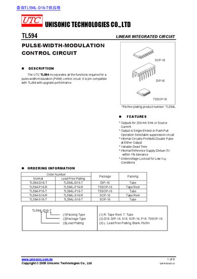 Unisonic TL594 PWM Control Circuit Datasheet - cover page