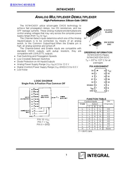 Integral IN74HC4051 Analog Multiplexer/Demultiplexer Datasheet - cover page