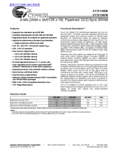 Cypress CY7C1366B/CY7C1367B 9-Mb Pipelined DCD Sync SRAM Datasheet - cover page
